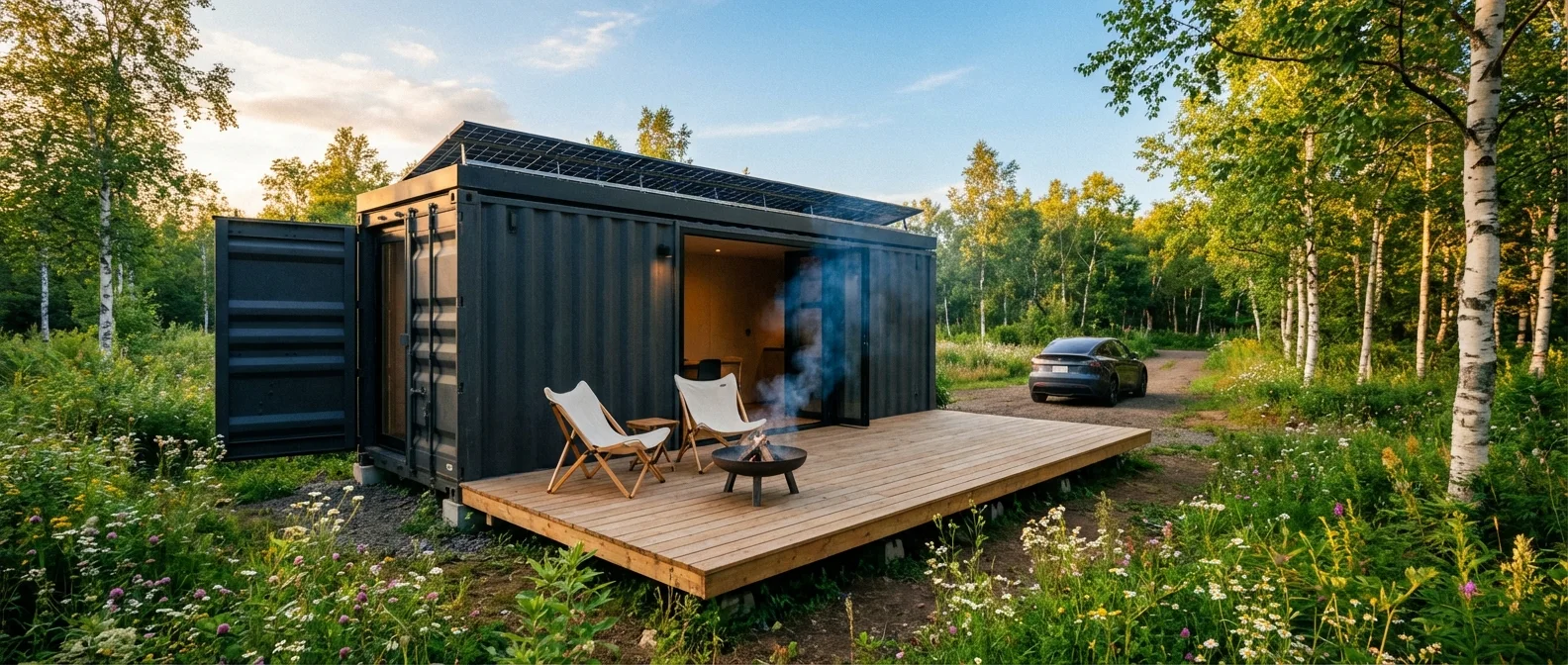 コンテナヴィラ 春〜夏の外観 — 萌芽の緑に黒い鉄のシルエット