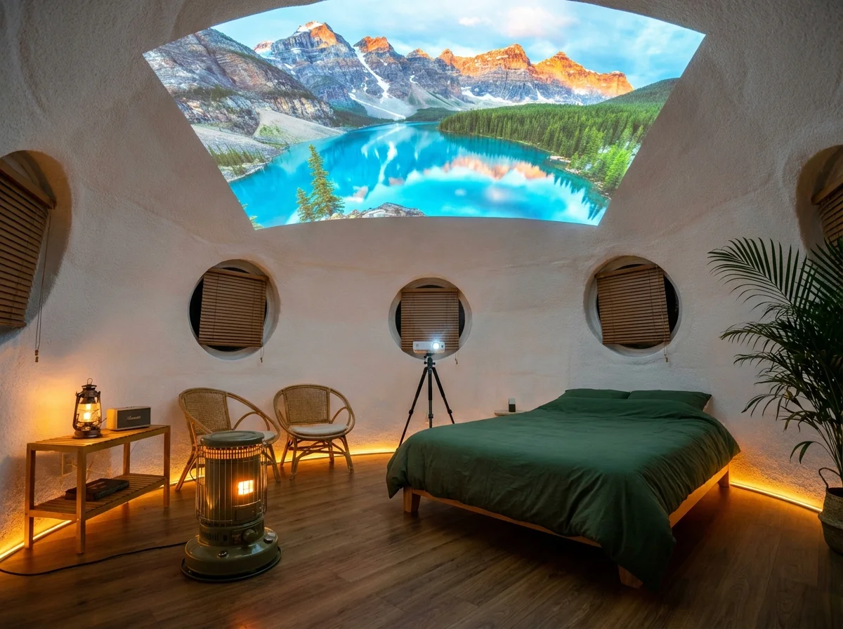 EPSドーム内装 — 4Kプロジェクターが天井に山岳湖を映す