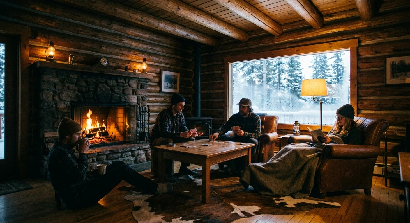 THE LODGE グレートルーム — 石暖炉の夜