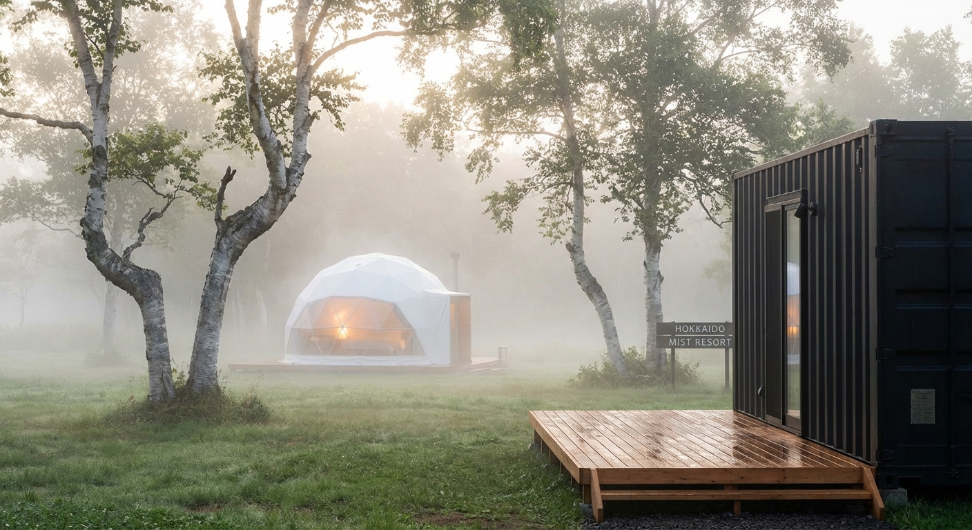 朝霧の中のドームとコンテナ