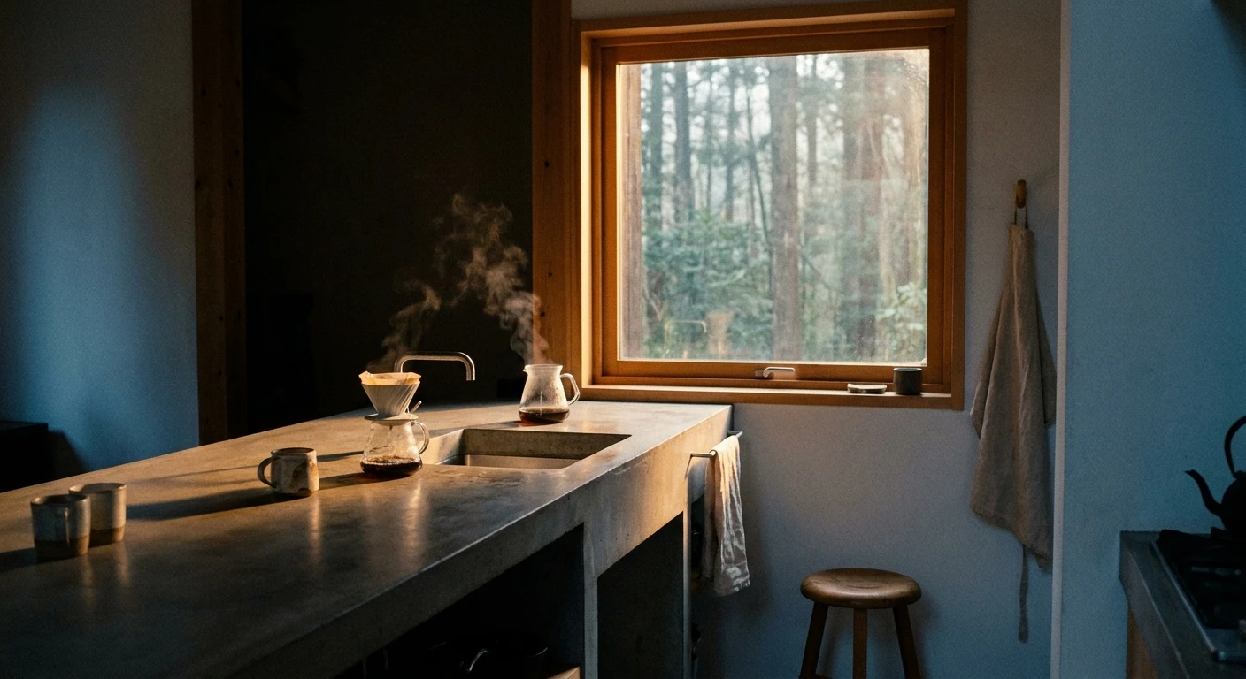 NESTING キッチン — 朝の森の光