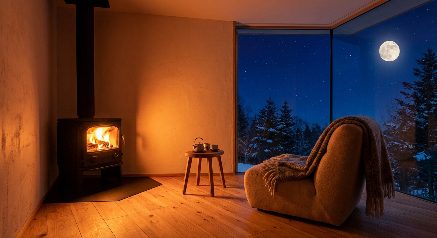 薪ストーブの夜 — 漆喰の壁がオレンジに染まる