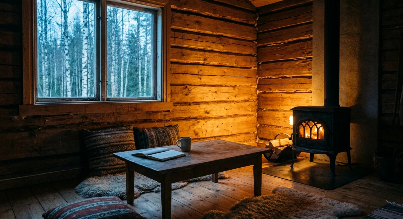 薪ストーブの温もり — キャビン室内